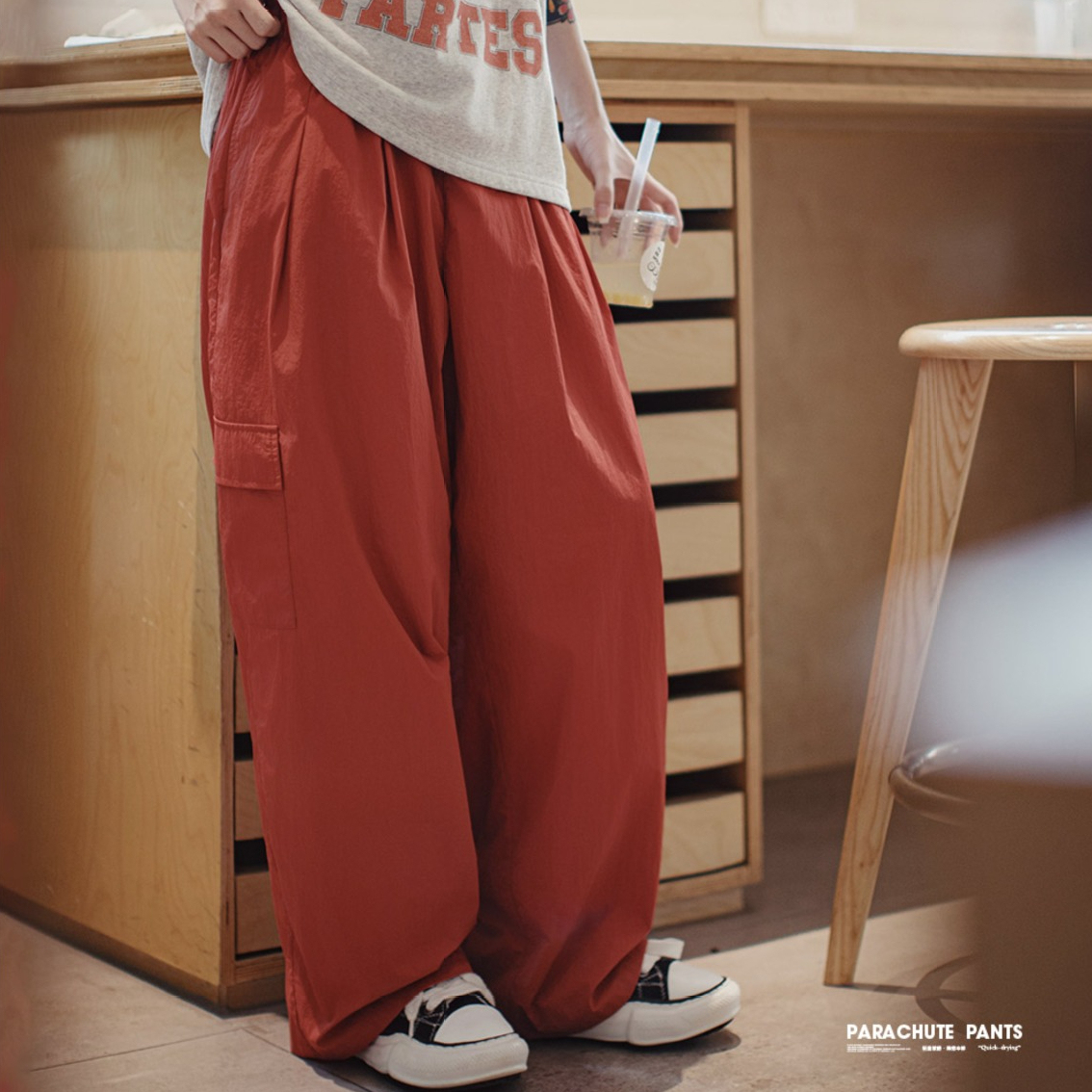 夏日爵士舞工裝降落傘褲美式高街輕薄大口袋褶皺寬鬆闊腿褲女