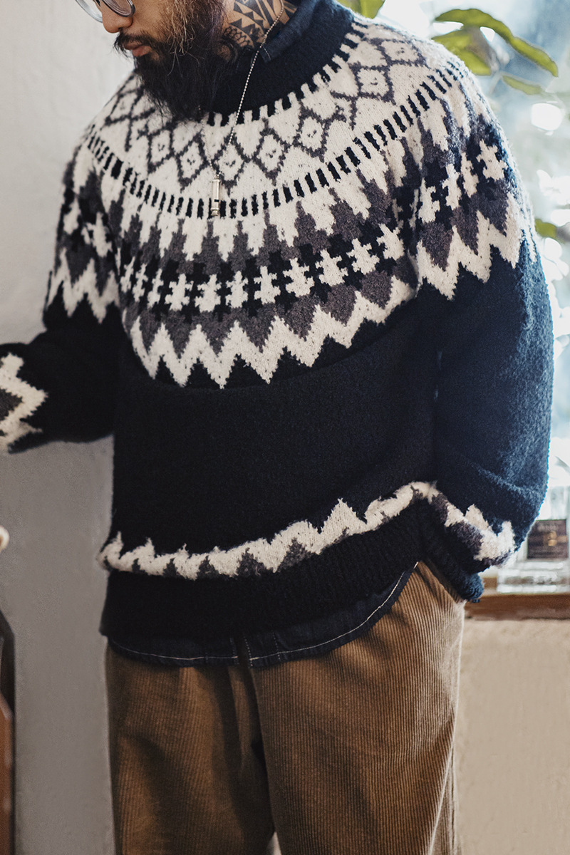 美式復古重磅冰島毛衣圓領費爾島提花打底針織衫男秋冬-Retro's Wear