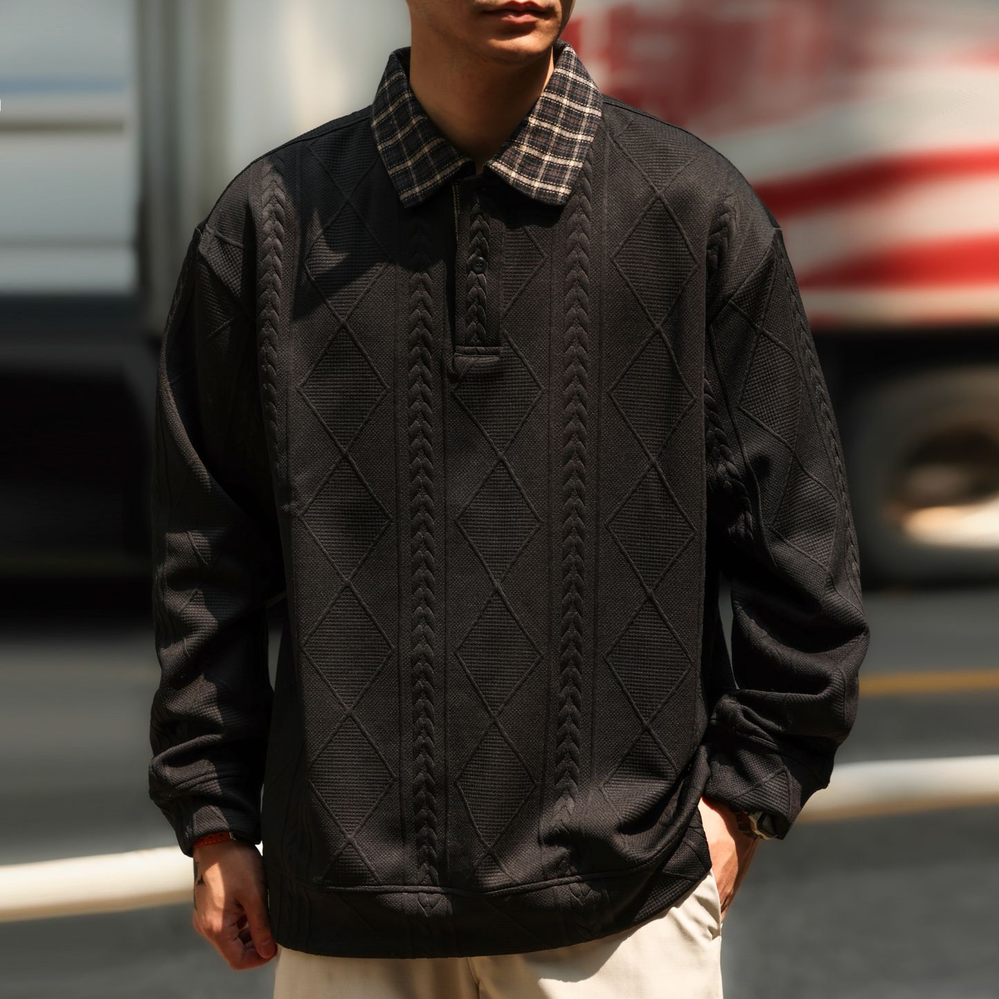 美式休閒針織提花肌理感衛衣男撞色格子翻領長袖POLO衫