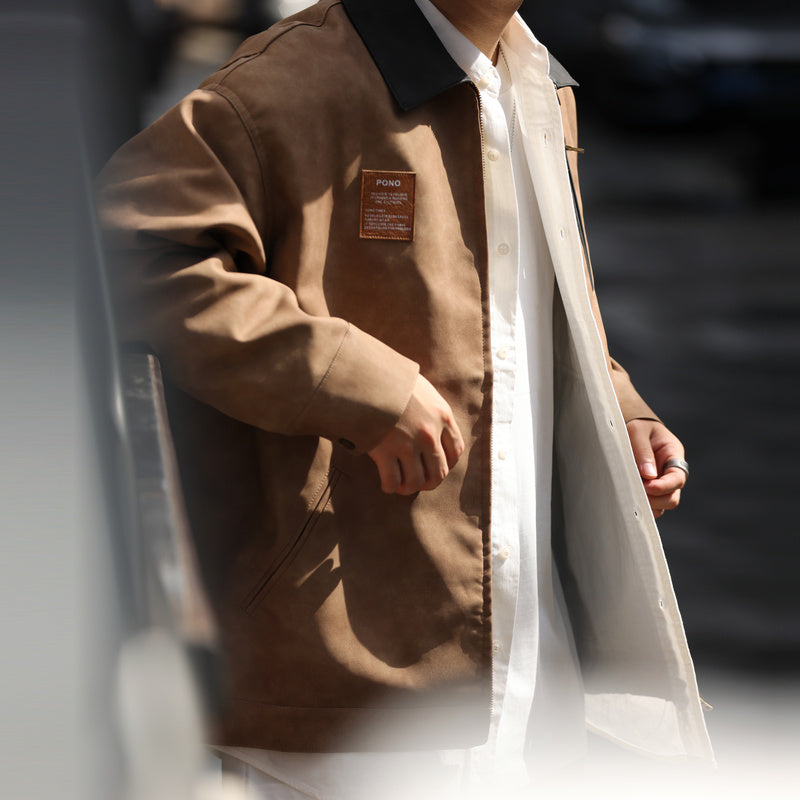 美式復古PU皮卡哈特夾克男質感痞帥廊型撞色翻領機車外套-Retro's Wear