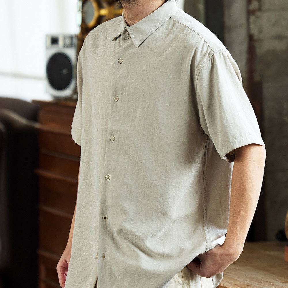 法式休閒抗皺免燙短袖襯衫男桃皮絨高級感復古痞帥襯衣