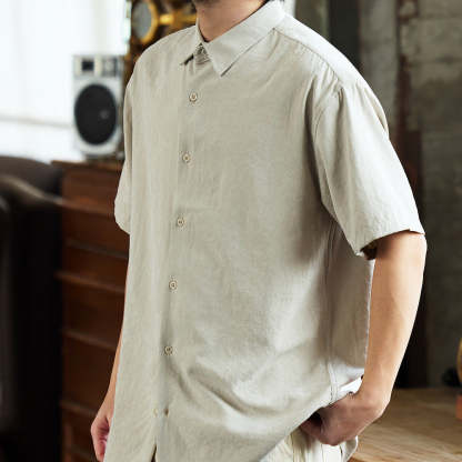 法式休閒抗皺免燙短袖襯衫男桃皮絨高級感復古痞帥襯衣