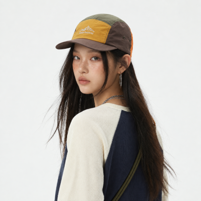 復古撞色拼接山系刺繡五片帽