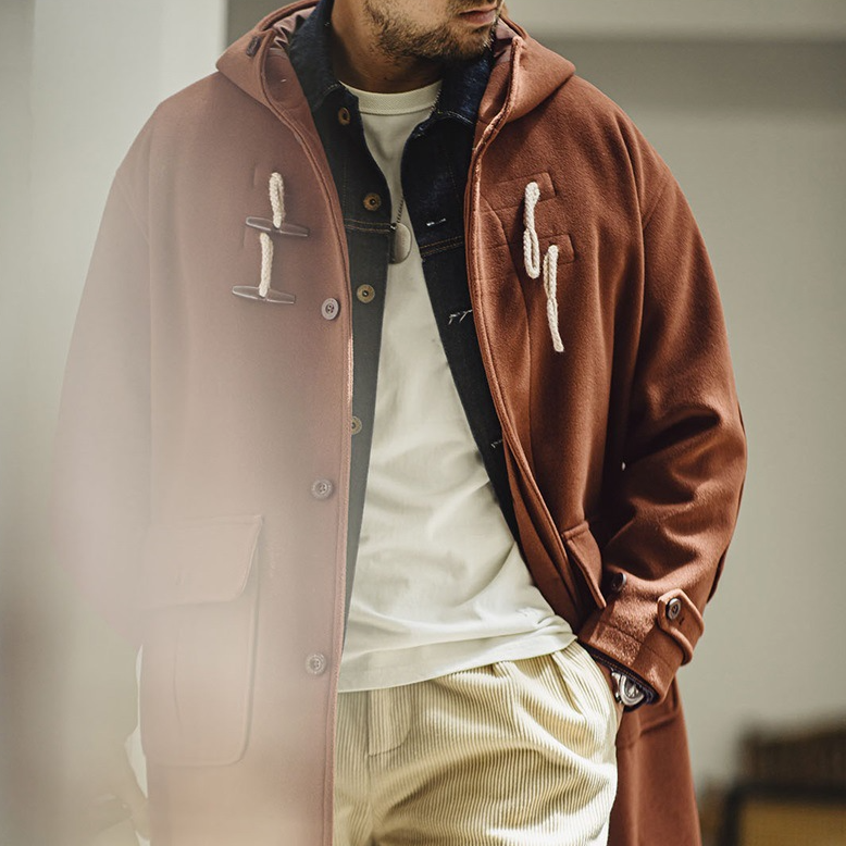 美式復古牛角扣連帽毛呢大衣學院風寬鬆長款外套男女秋冬-Retro's Wear