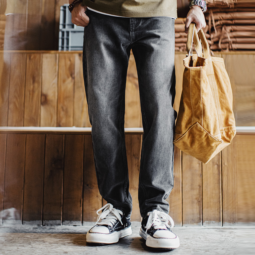 美式休閒水洗做舊牛仔褲灰色直筒微錐蘿蔔褲長褲子男夏秋