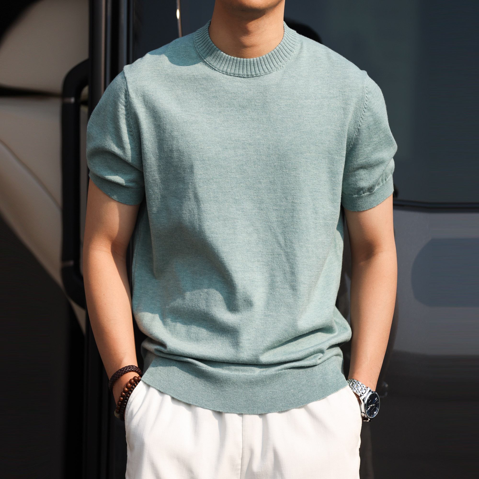 簡約老錢風短袖針織衫男高級感通勤休閒圓領收袖打底T恤