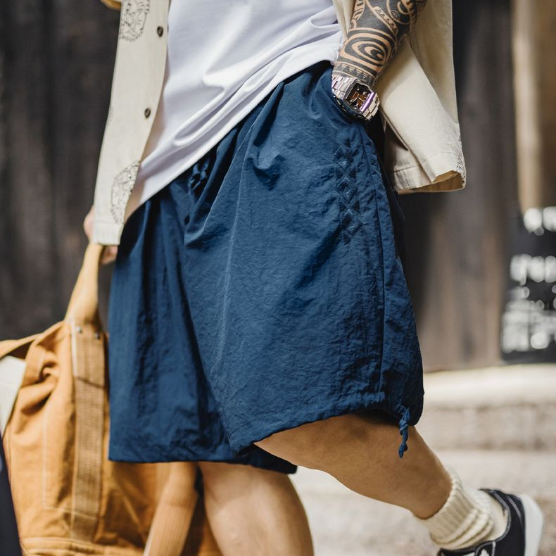 美式納瓦霍刺繡短褲寬鬆紅色肌理感沙灘薄款五分褲男夏季