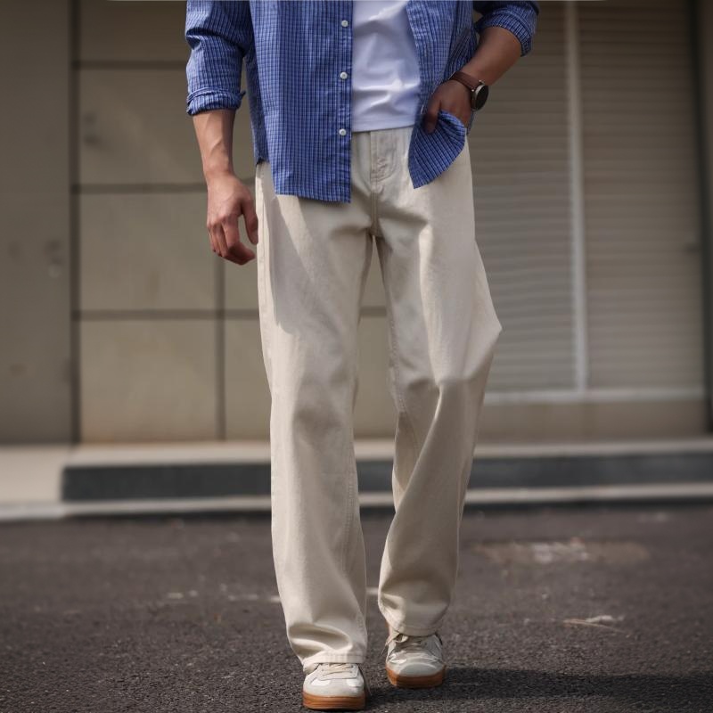 美式輕戶外棉籽殼原胚白色牛仔褲男寬鬆直筒休閒長褲春