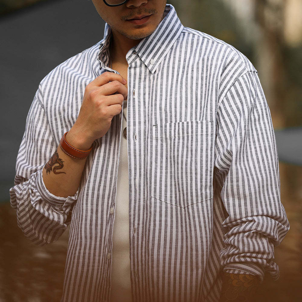 日系廊型長袖豎條紋襯衫160g輕量感疊穿慵懶風復古襯衣