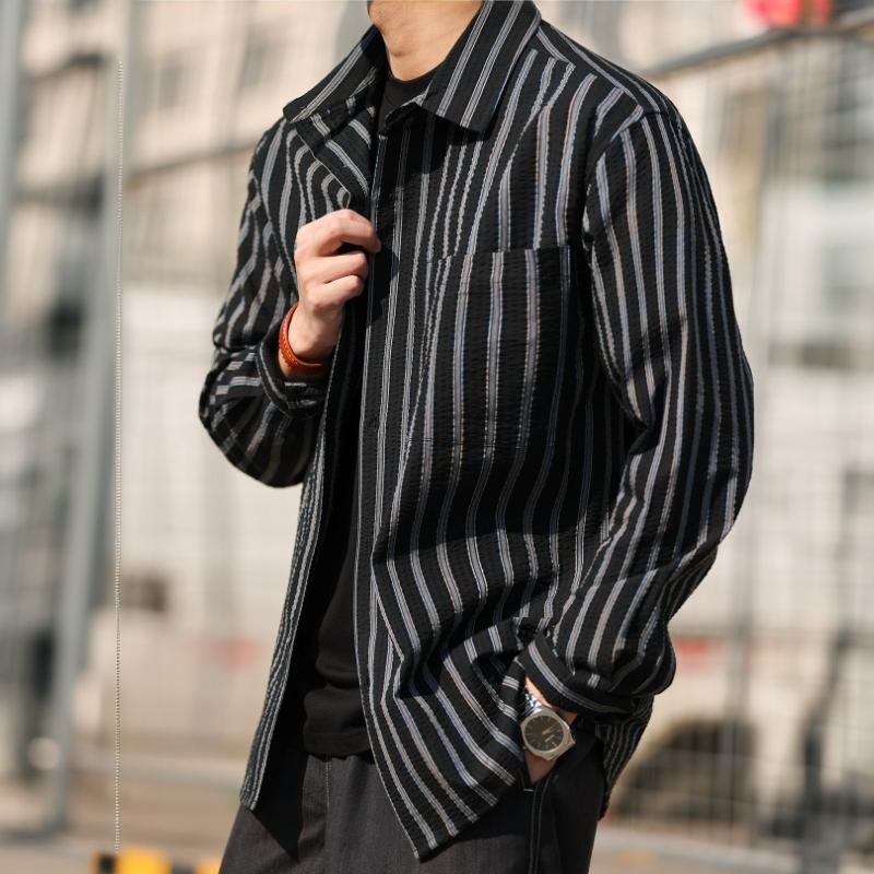 美式休閒立體泡泡紗長袖條紋襯衫男100%純棉復古襯衣春