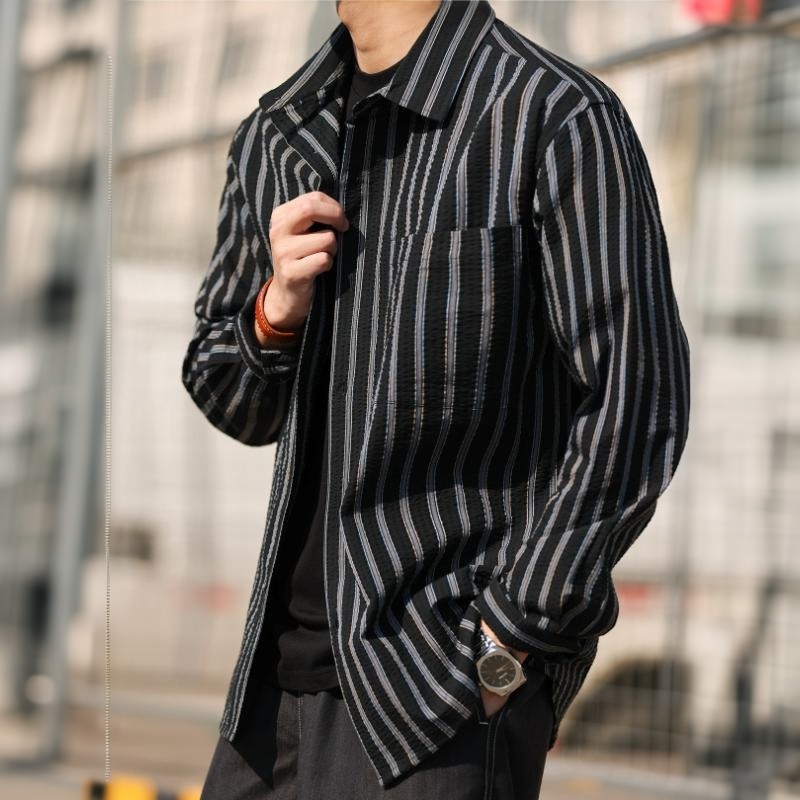 美式休閒立體泡泡紗長袖條紋襯衫男100%純棉復古襯衣春