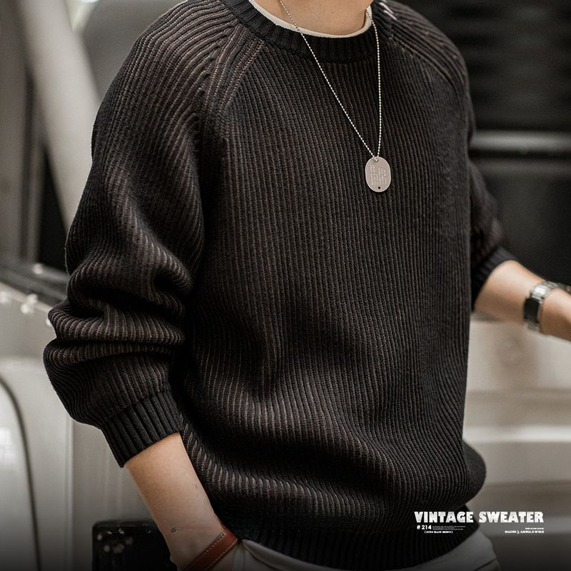 美式復古豎條紋編織毛衣插肩袖圓領加厚打底針織衫男秋冬-Retro's Wear