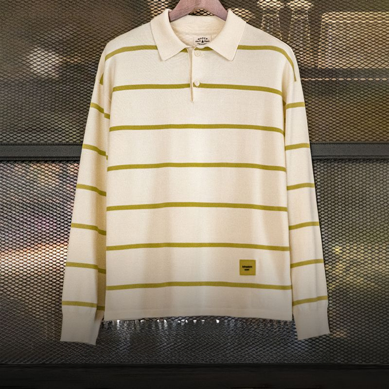 美式休閒條紋針織polo衫撞色翻領半開襟寬鬆長袖T恤男春