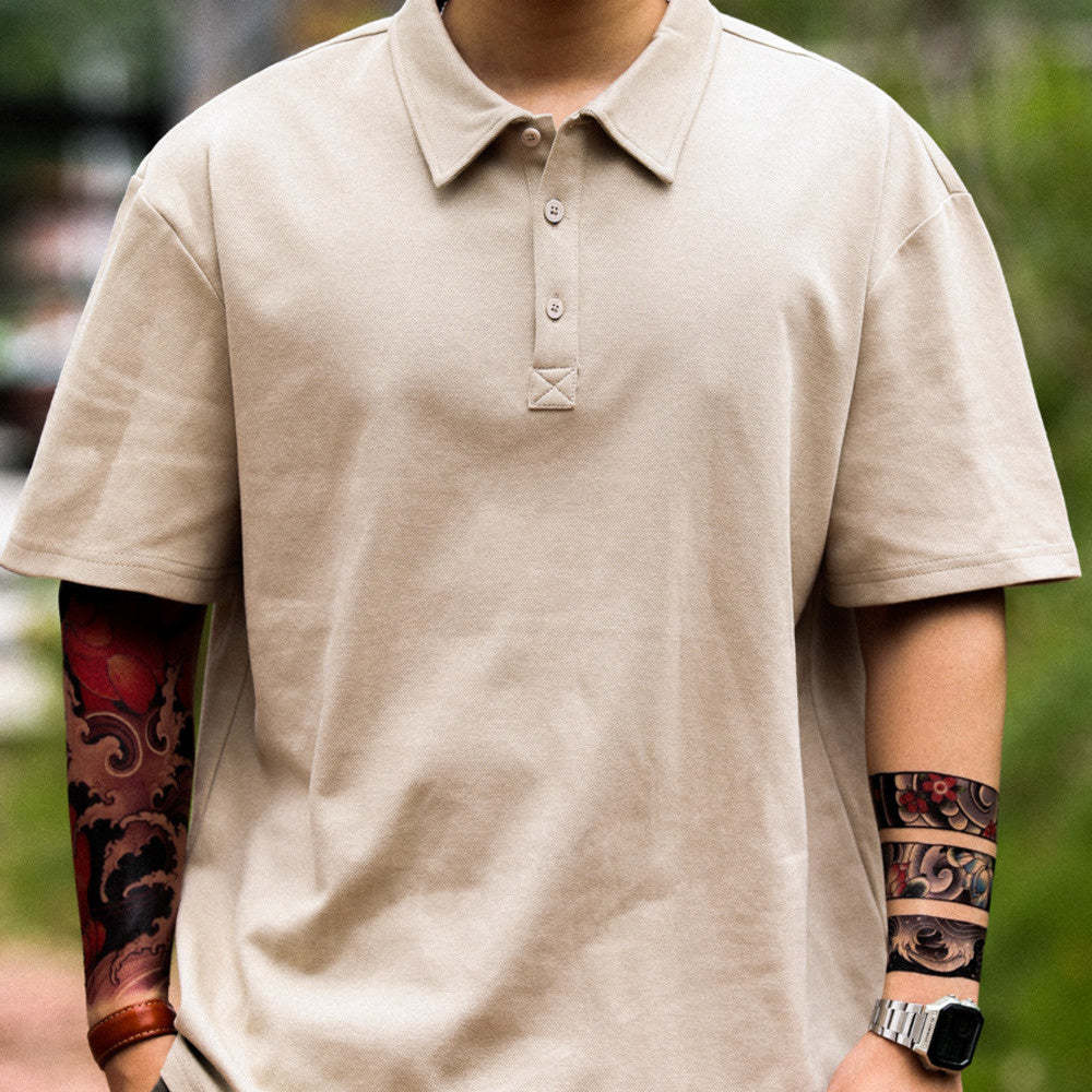 美式休閒肌理感短袖POLO衫男士寬鬆翻領重磅260G高級感T恤夏-Retro's Wear
