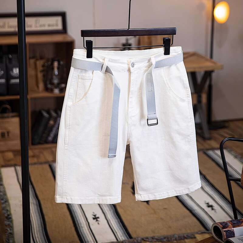 夏季水洗丹寧白色牛仔短褲男2025新款美式休閒高級感彈力五分中褲