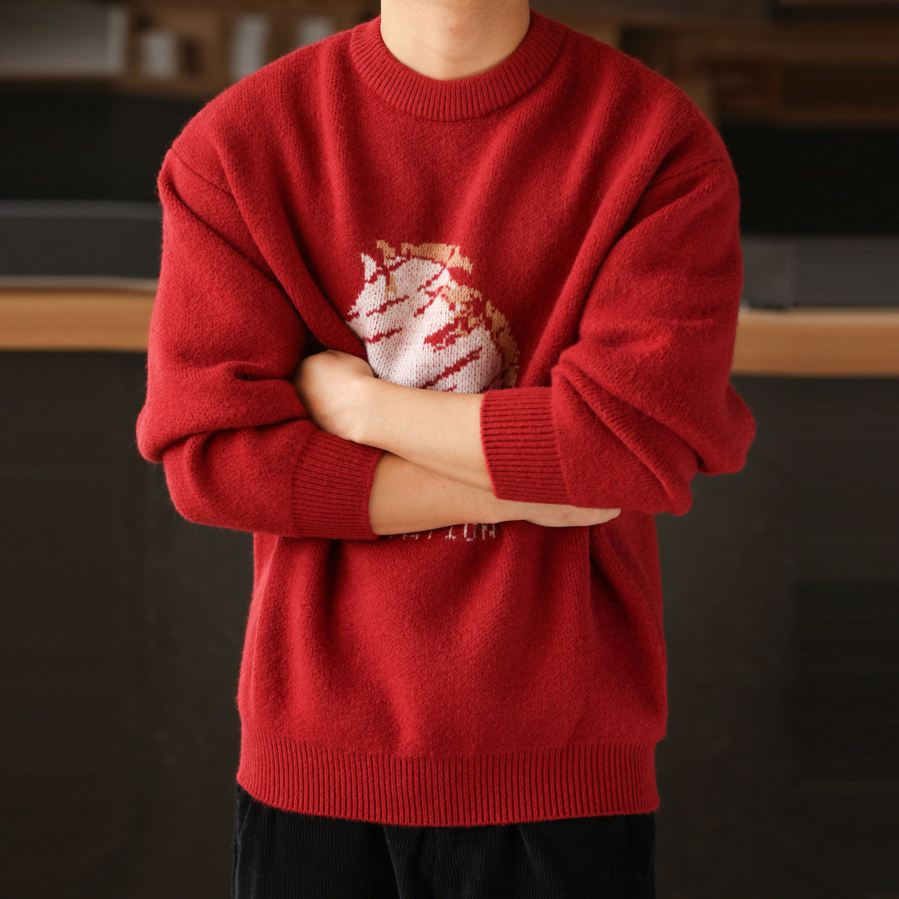 聖誕紅色25馬年美式復古提花毛衣加厚保暖圓領針織衫
