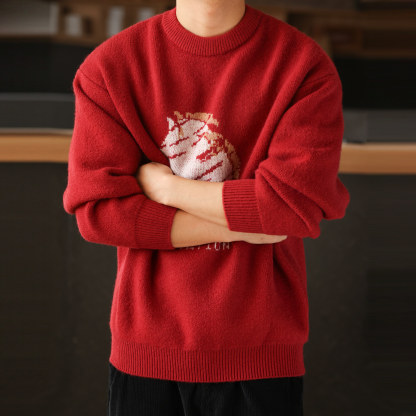 聖誕紅色25馬年美式復古提花毛衣加厚保暖圓領針織衫
