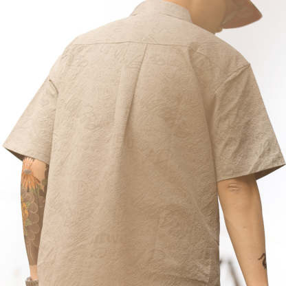 美式休閒夏威夷短袖襯衫男滿印提花雅痞復古疊穿襯衣