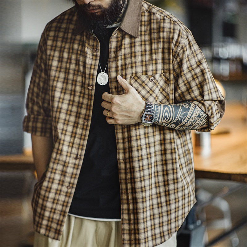 美式復古蘇格蘭格紋長袖襯衫燈芯絨拼接翻領格子襯衣男秋-Retro's Wear