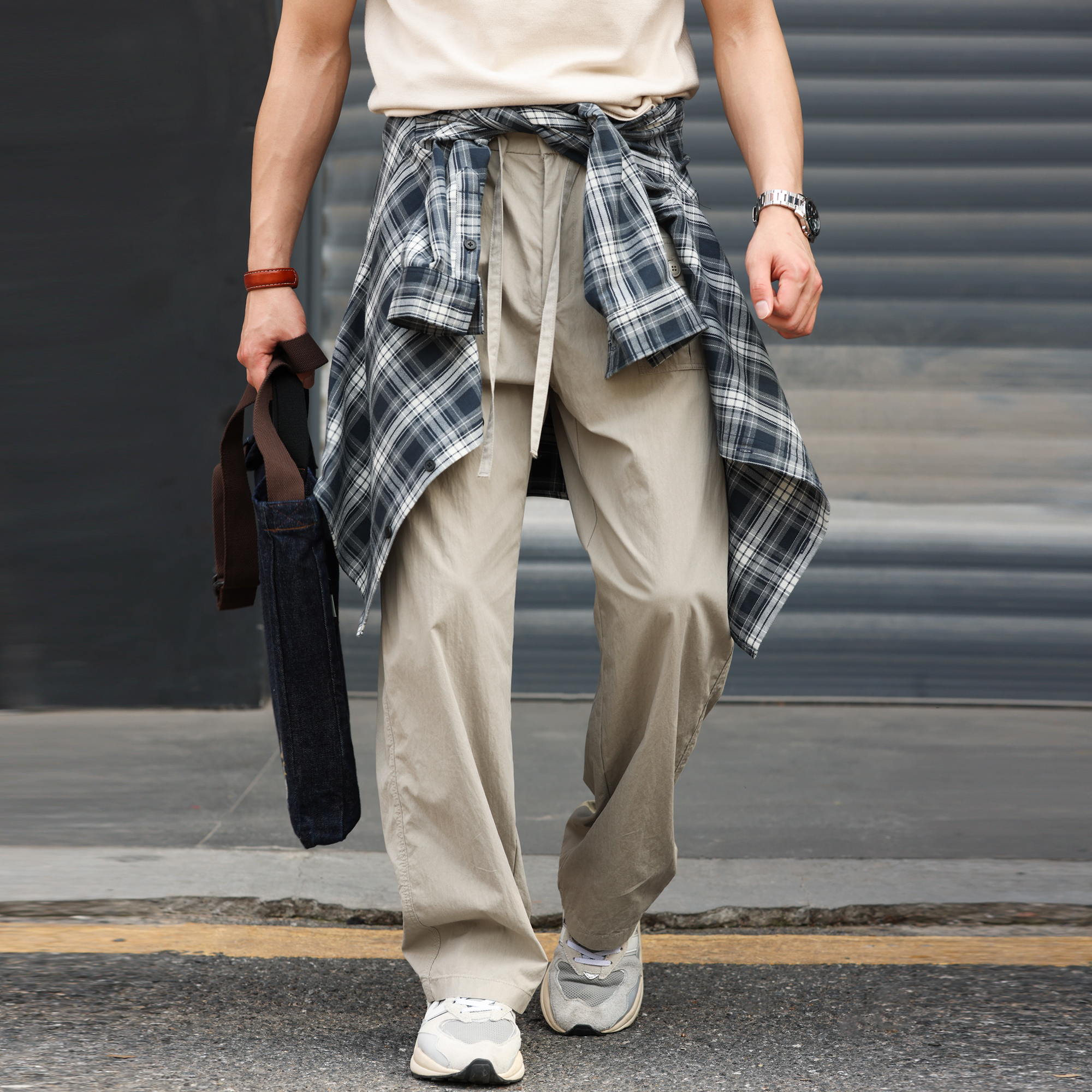 美式休閒冰絲速幹直筒褲子男口袋設計戶外薄款工裝褲夏