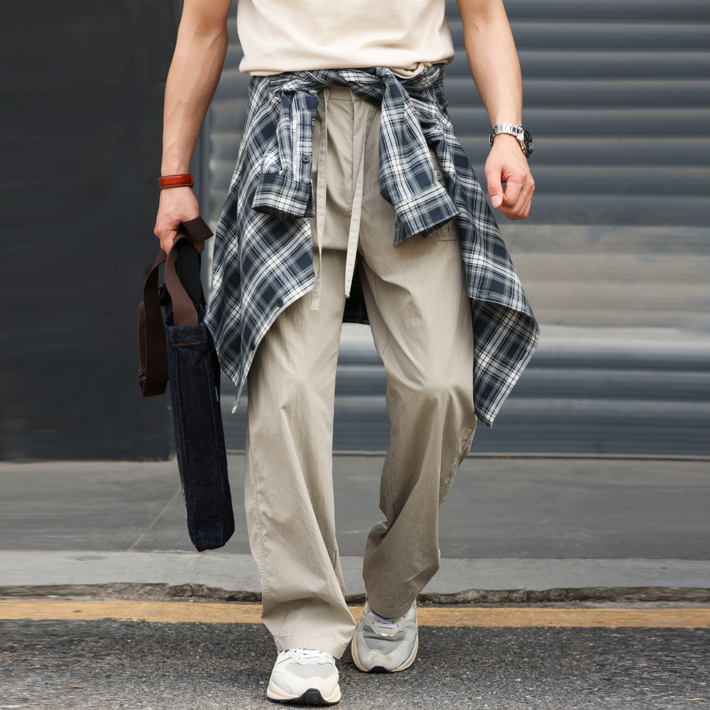 美式休閒冰絲速幹直筒褲子男口袋設計戶外薄款工裝褲夏