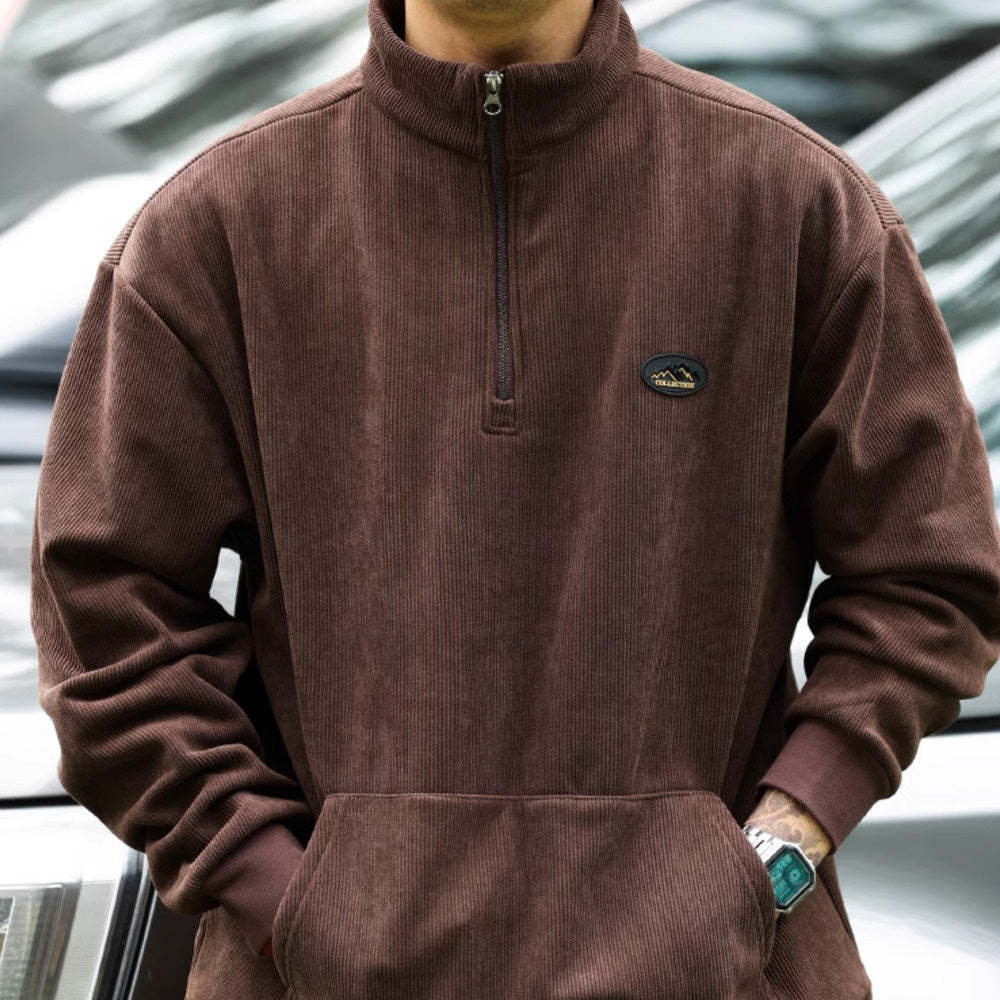 美式復古半拉鍊立領燈芯絨衛衣男加絨保暖cleanfit上衣外套-Retro's Wear