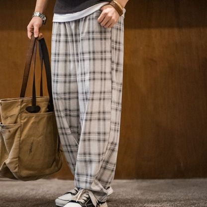 美式復古束脚闊腿格子褲色織寬鬆薄款抽繩直筒休閒褲男春