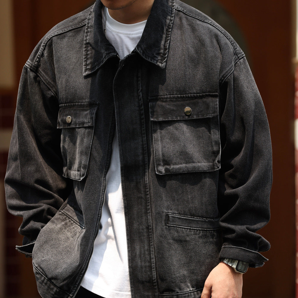 日系復古納米漸染水洗牛仔夾克男重磅寬鬆多口袋工裝外套秋-Retro's Wear