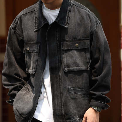 日系復古納米漸染水洗牛仔夾克男重磅寬鬆多口袋工裝外套秋-Retro's Wear
