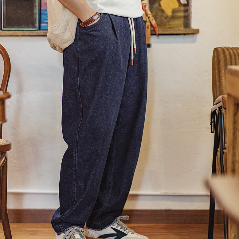 美式休閒Jogger丹寧牛仔褲vibe鬆緊腰抽繩水洗直筒褲男秋-Retro's Wear