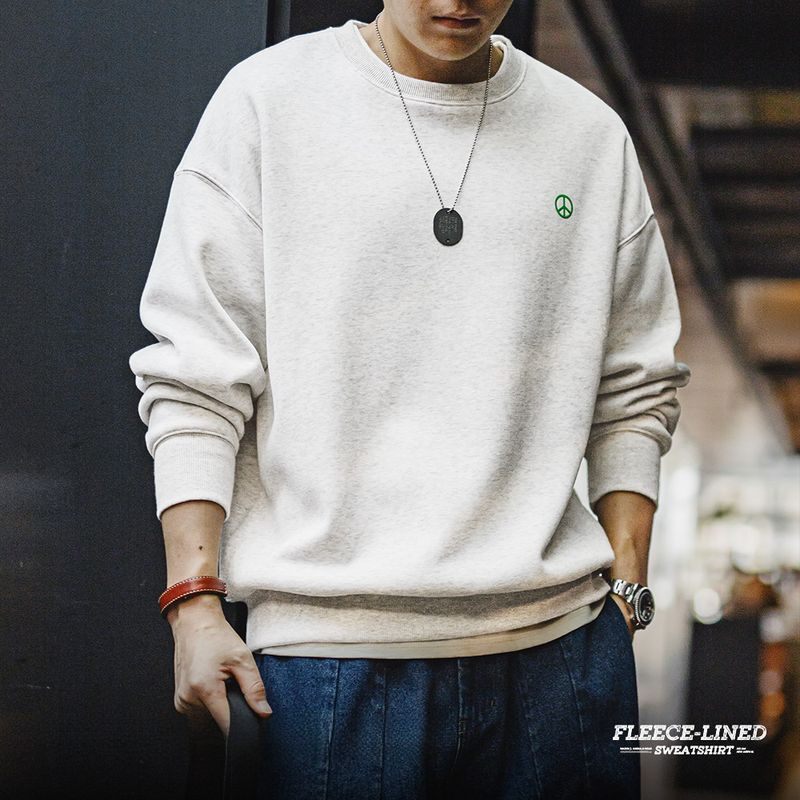 美式休閒灰色圓領加絨衛衣基礎寬鬆落肩打底上衣男秋冬季-Retro's Wear