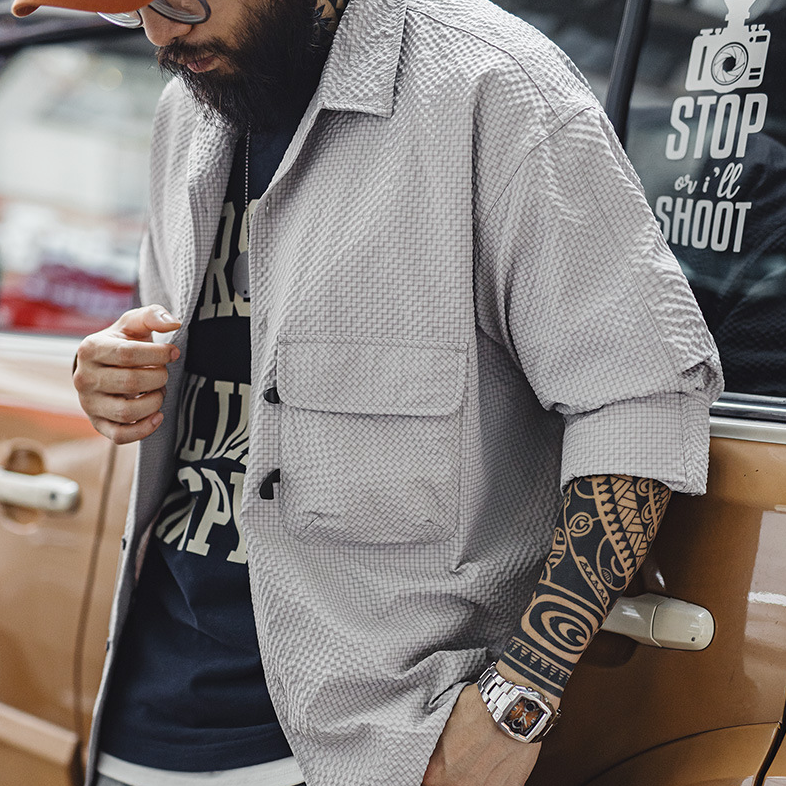 山系戶外古巴領泡泡紗長袖襯衫免燙抗皺口袋薄襯衣男夏秋-Retro's Wear