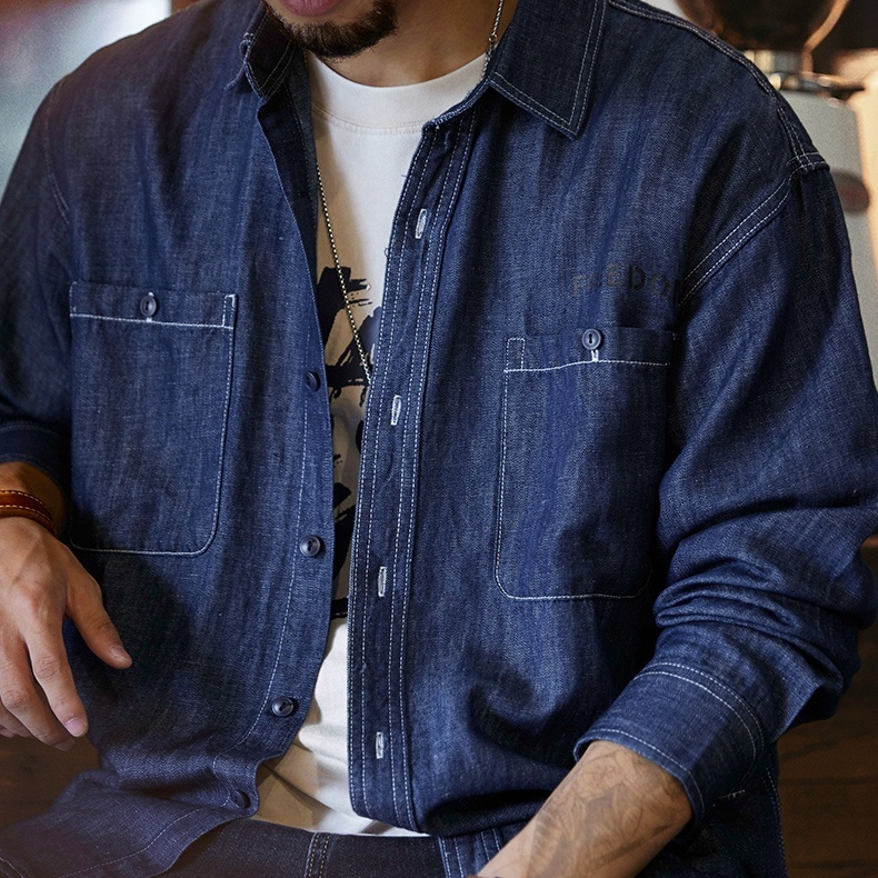 漢麻簡約藍色牛仔襯衫男2025秋季新款抗靜電長袖襯衣