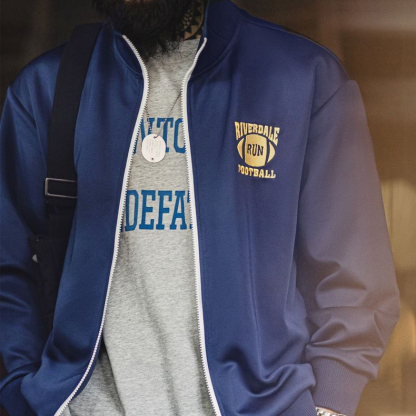 美式休閒學院風撞色刺繡夾克空氣層立領寬鬆開衫衛衣男春