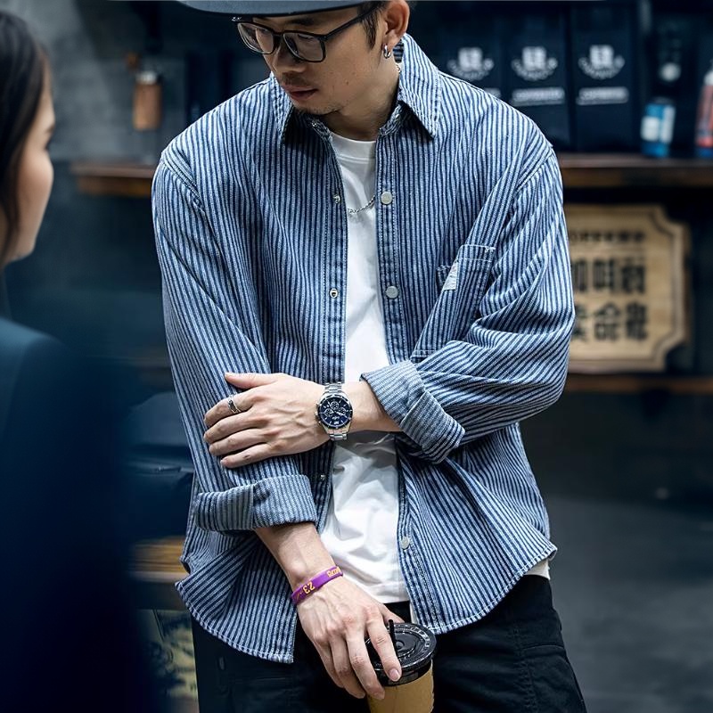 美式條紋牛仔襯衫男春季寬鬆潮牌大碼長袖襯衣男士藍色休閒外套