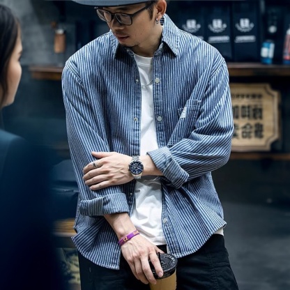 美式條紋牛仔襯衫男春季寬鬆潮牌大碼長袖襯衣男士藍色休閒外套