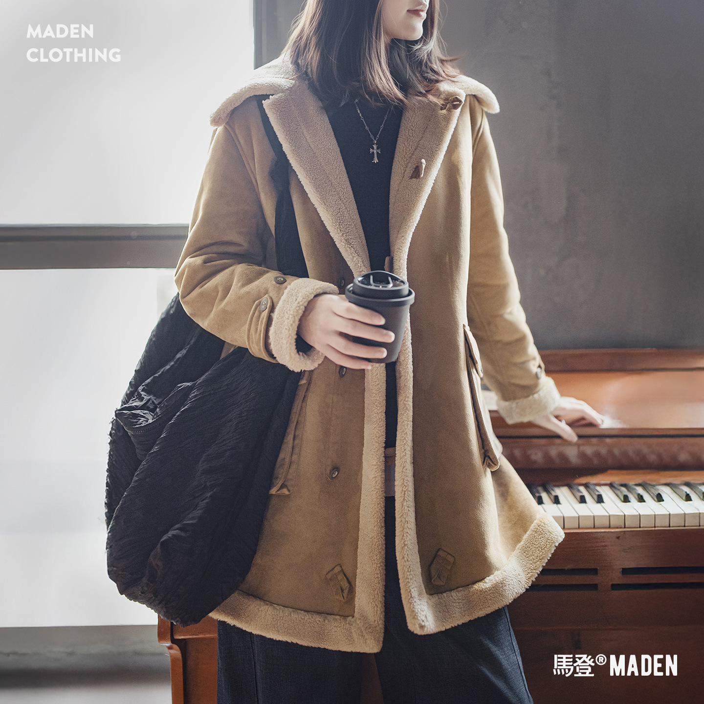 復古巴恩風皮毛一體立翻領中長款加絨夾棉服襖大衣外套秋冬女