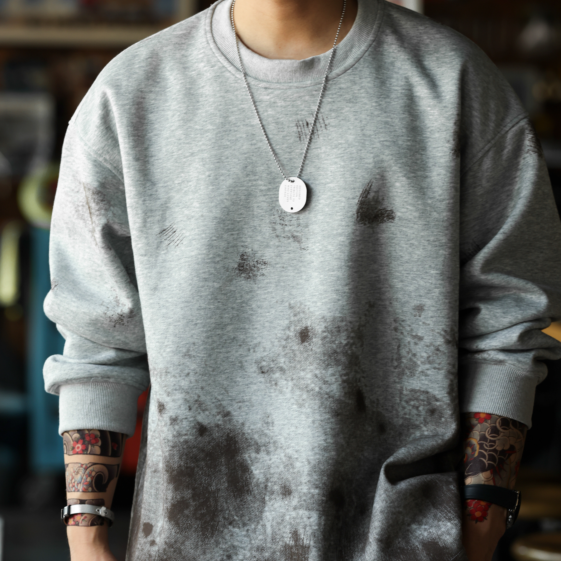 美式復古手工潑墨圓領衛衣男320g做舊斑駁感疊穿上衣秋