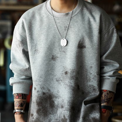 美式復古手工潑墨圓領衛衣男320g做舊斑駁感疊穿上衣秋