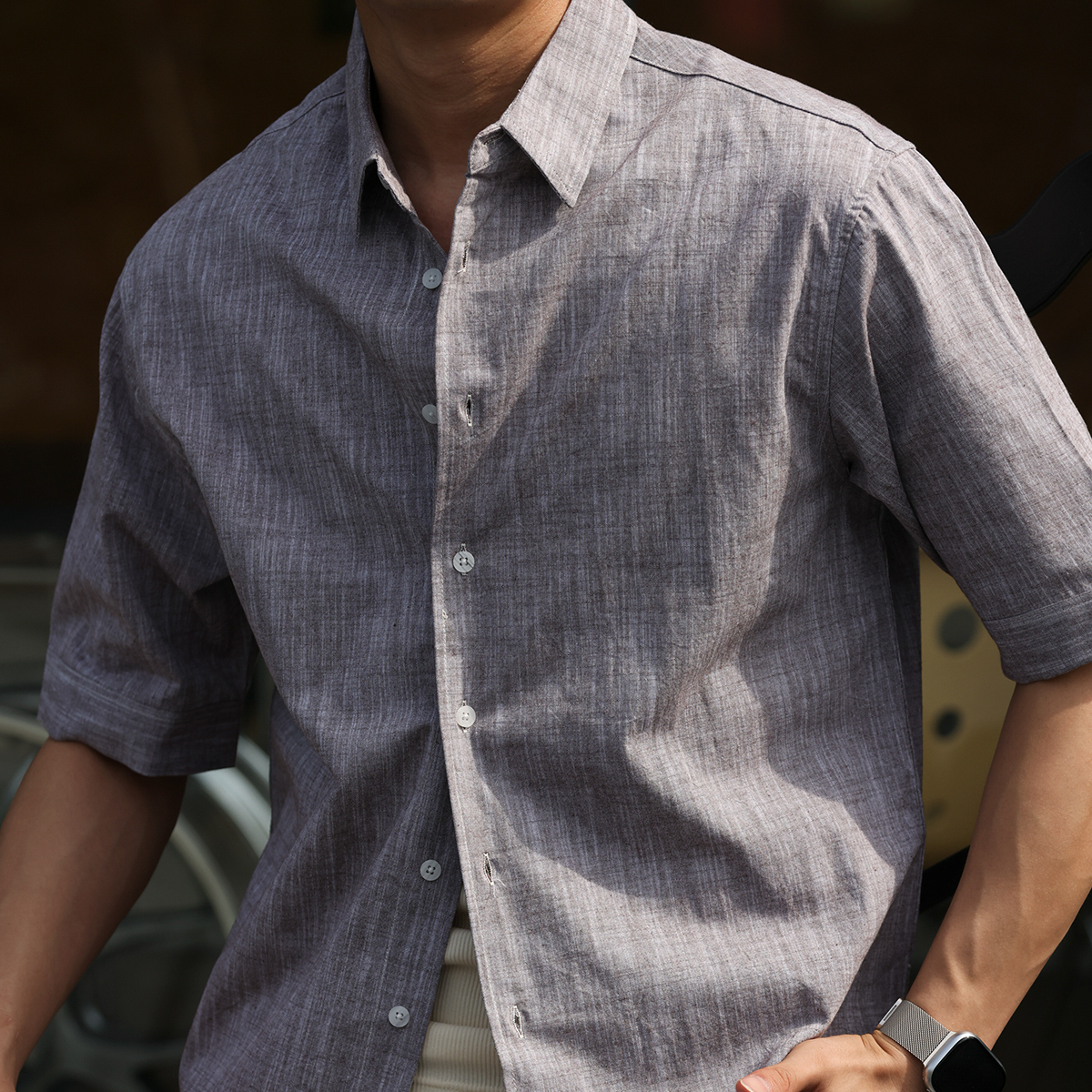 美式復古160g竹節麻感中袖襯衣男抗皺免燙休閒短袖襯衫