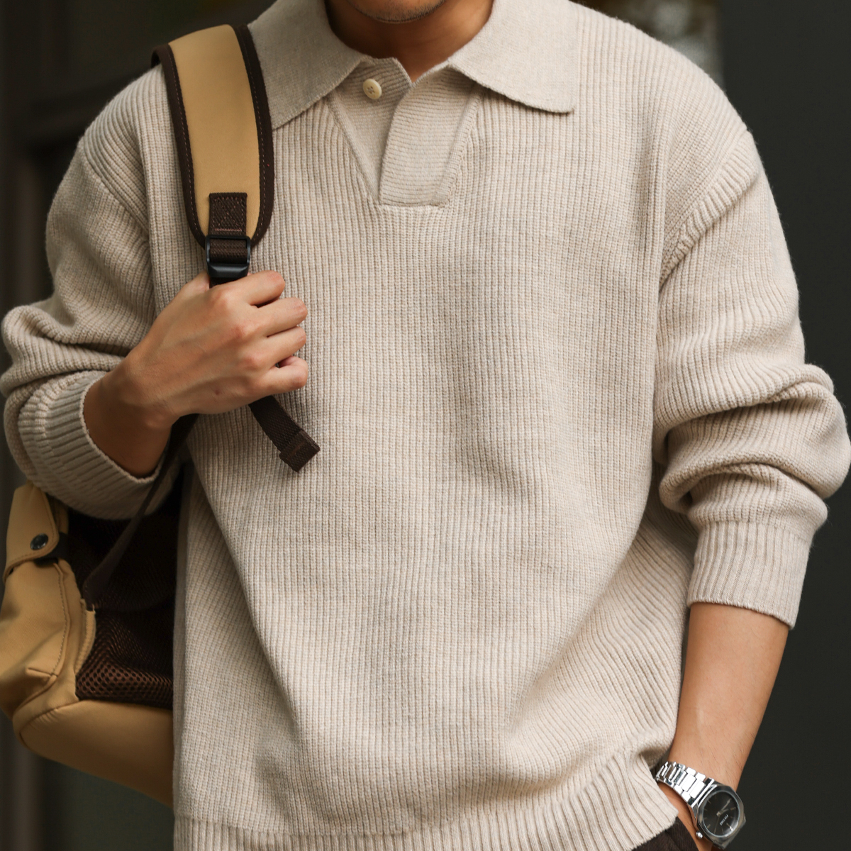 美式復古單粒扣polo領針織衫男660g粗針慵懶風毛衣外套