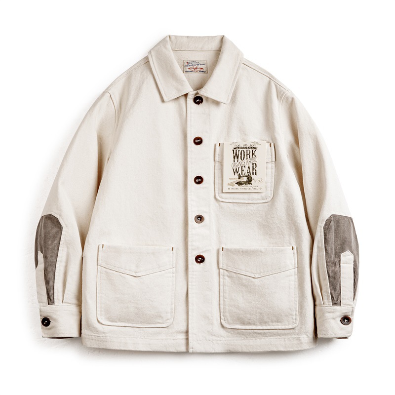 法式復古重磅棉籽殼夾克斜紋純棉翻領燈芯絨拼接外套男秋-Retro's Wear