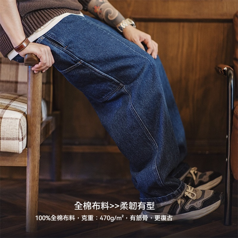 美式復古重磅水洗伐木牛仔褲廓形寬鬆闊腿休閒直筒褲男秋-Retro's Wear
