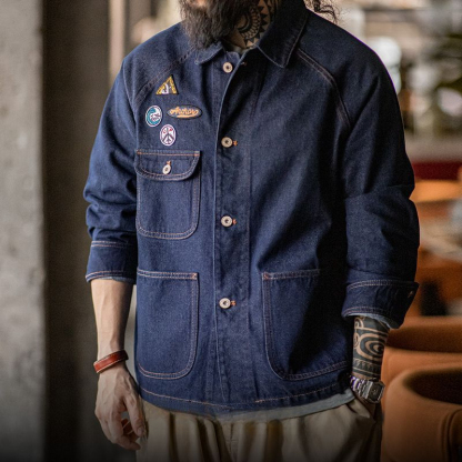 美式復古刺繡徽章牛仔夾克重磅水洗翻領休閒外套男秋冬季-Retro's Wear