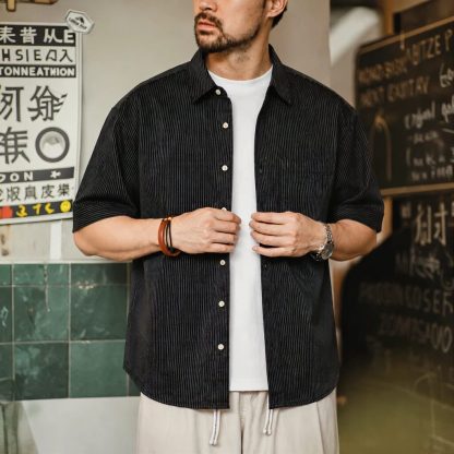日系純棉復古細條紋襯衫男士夏季工裝休閒口袋短袖上衣