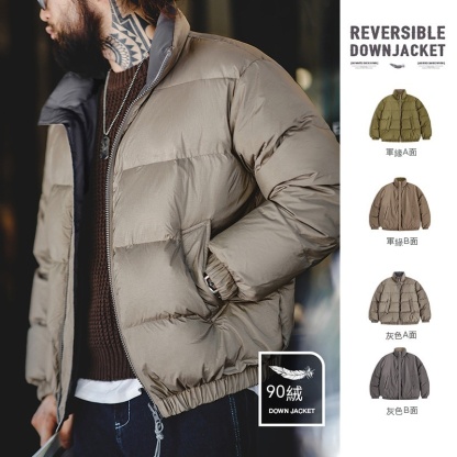 美式雙面穿絎縫羽絨服鴨絨百搭立領保暖面包服外套男冬-Retro's Wear