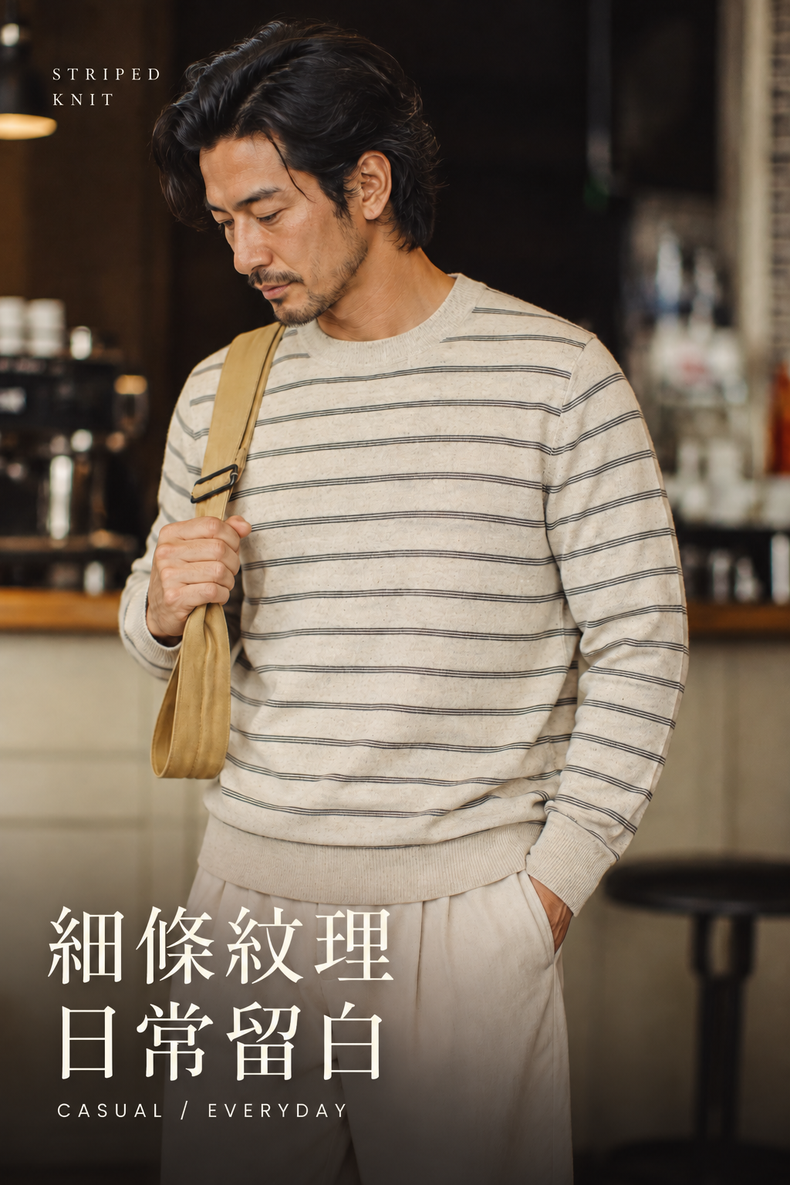 細條紋圓領麻感針織長袖上衣 · 02-hero