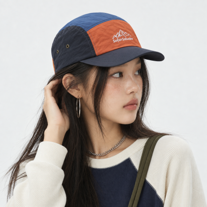 復古撞色拼接山系刺繡五片帽
