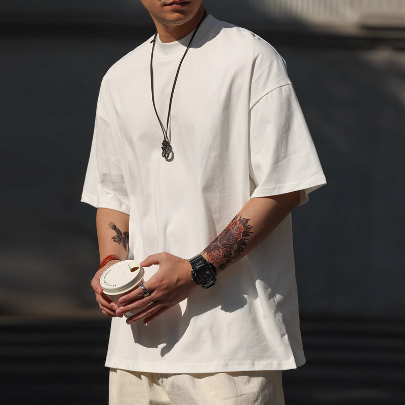 美式230g輕絨感小領口短袖T恤男寬鬆休閒抗皺大碼體恤夏