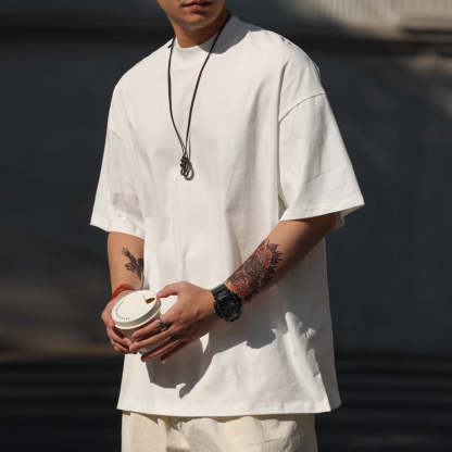 美式230g輕絨感小領口短袖T恤男寬鬆休閒抗皺大碼體恤夏